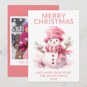 Invitation Photo Pink Christmas Snowman Holiday Card (Devant / Derrière)