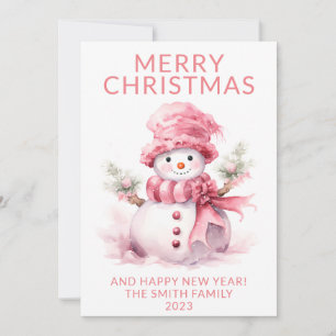 Invitation Photo Pink Christmas Snowman Holiday Card