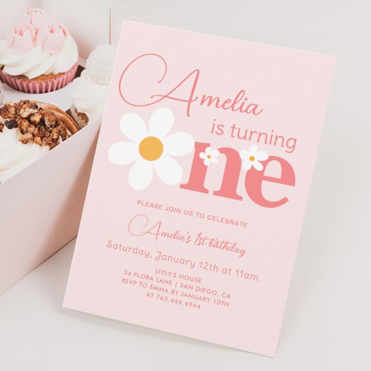 Invitation Photo Pink Daisy 1ère fête d'anniversaire