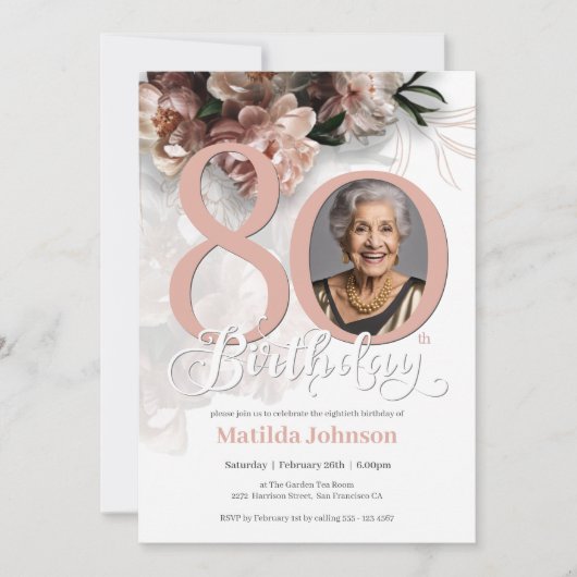 Invitation Photo Pink Floral 80e anniversaire (Devant)
