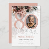 Invitation Photo Pink Floral 80e anniversaire (Devant / Derrière)