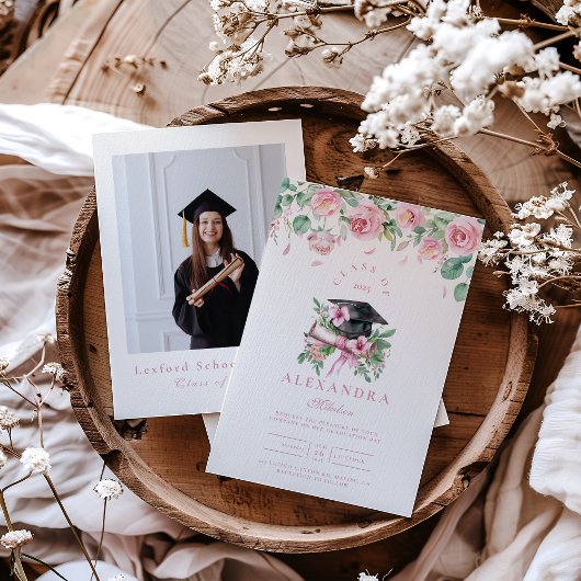 Invitation Photo Pink Floral Graduation