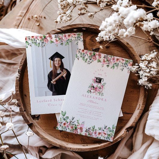 Invitation Photo Pink Floral Graduation Party
