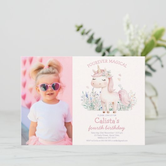 Invitation Photo Pink Pastel Unicorn Birthday (Debout devant)