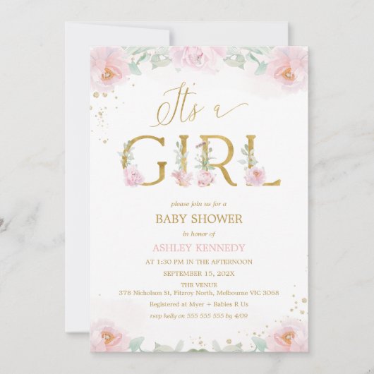 Invitation Photo Pink Peonies C'est un Baby shower de fille (Devant)