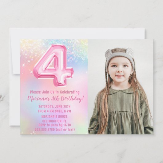 Invitation Photo Pink Rainbow 4e anniversaire (Devant)