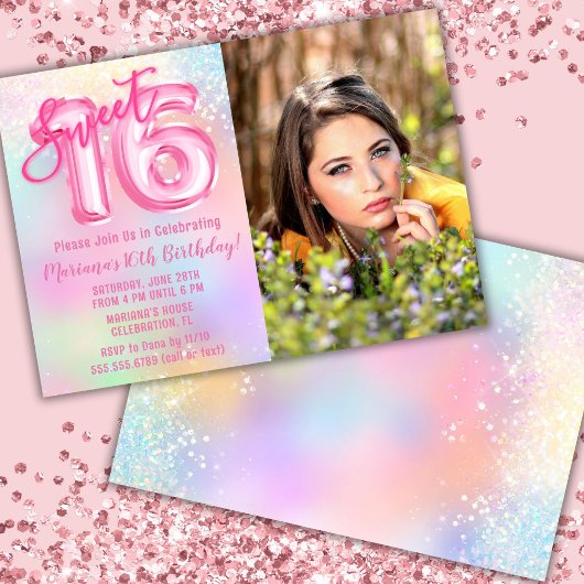 Invitation Photo Pink Rainbow Sweet 16e anniversaire