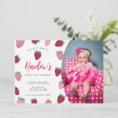 Invitation Photo Pink & Red Strawberry Berry premier annivers (Debout devant)