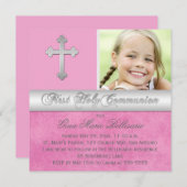 Invitation photo Pink, Silver First Holy Communion (Devant / Derrière)