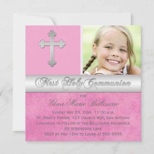 Invitation photo Pink, Silver First Holy Communion (Devant)