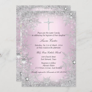 Invitation Photo Pink Silver Snowflake Baptiser/Christening