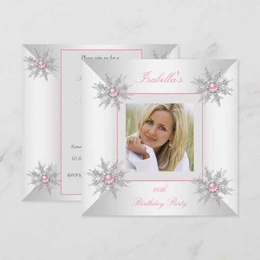 Invitation Photo Pink Snowflakes Winter Wonderland Party (Devant / Derrière)