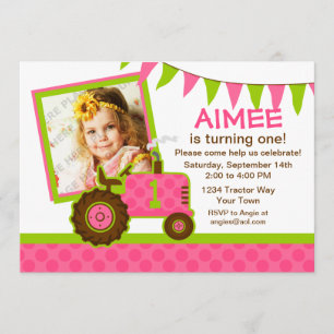 Invitation photo Pink Tracteur 1er anniversaire