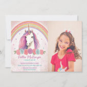Invitation Photo Pink Unicorn, Rose, Rainbow Birthday Party (Devant)