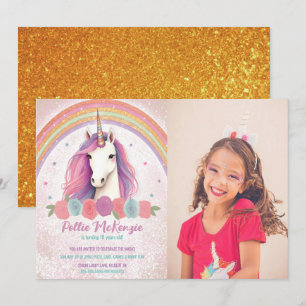 Invitation Photo Pink Unicorn, Rose, Rainbow Birthday Party
