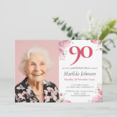 Invitation Photo Pink Watercolor Floral 90e anniversaire (Debout devant)