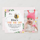 Invitation Photo Pink Yellow Bee First Bee Day 1er anniversai (Devant / Derrière)