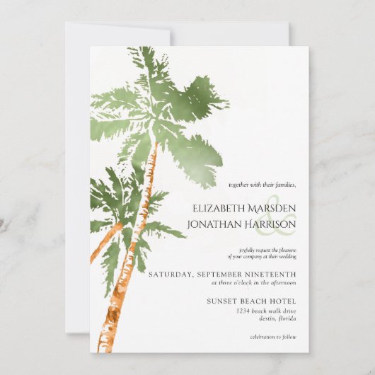Invitation Photo Plage Palm Trees Green Destination Mariage (Devant)