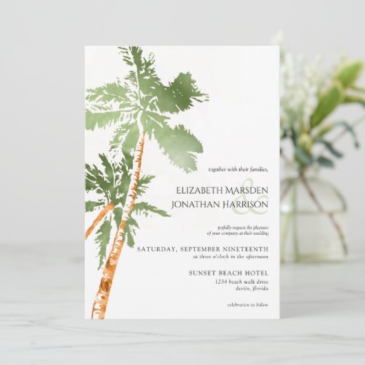 Invitation Photo Plage Palm Trees Green Destination Mariage (Debout devant)