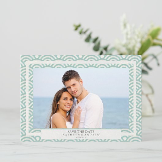 Invitation Photo plate de Save The Date avec vagues Seigaiha (Debout devant)