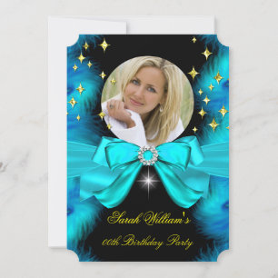 Invitation Photo Plumes Bleu Turquoise Nœud Or Fête d'anniver
