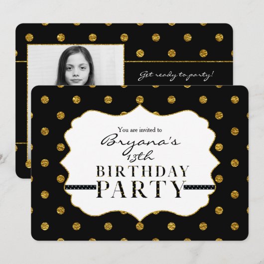 Invitation photo Pois Black & Gold Faux Foil (Devant / Derrière)