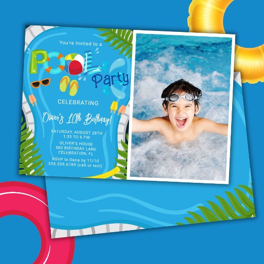 Invitation Photo Pool Party Summer Boy Birthday Party