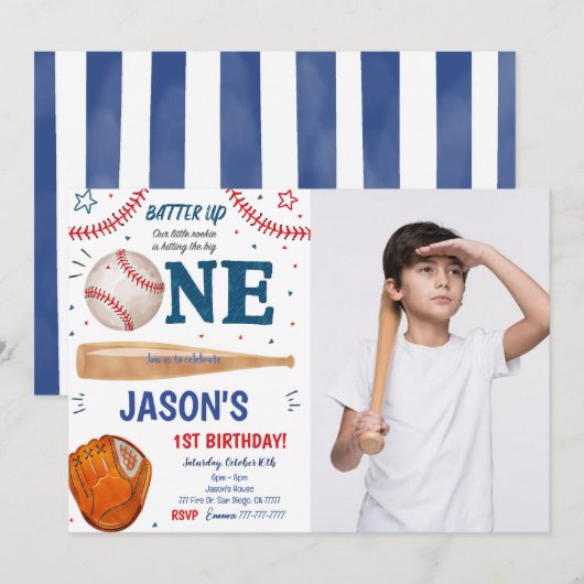 Invitation photo pour 1er anniversaire de baseball (Devant / Derrière)