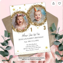 Invitation photo pour enfants avec paillettes doré