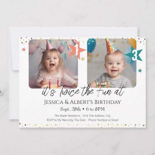 Invitation Photo pour enfants d'anniversaire double (Devant)