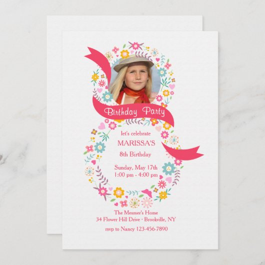 Invitation photo pour le 8e anniversaire (Devant / Derrière)