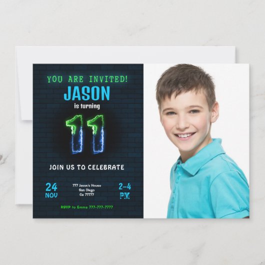 Invitation photo pour les 11 ans d'un garçon (Devant)