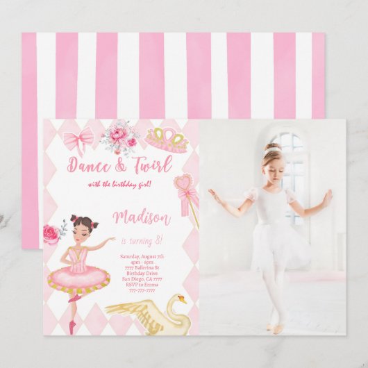 Invitation photo pour les 8 ans de ballerine  (Devant / Derrière)