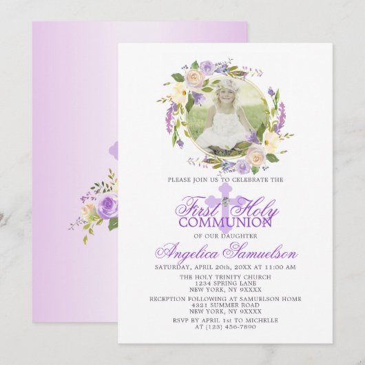 Invitation PHOTO pourpre florale de lavande de première fille (Devant / Derrière)