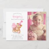 Invitation Photo Premier anniversaire fille Teddy ours Crème (Devant)