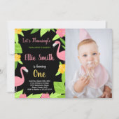 Invitation Photo Premier Flamant rose vert noir Anniversaire (Devant)