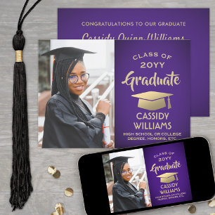 Invitation Photo Purple and Gold Elegant Graduation moderne