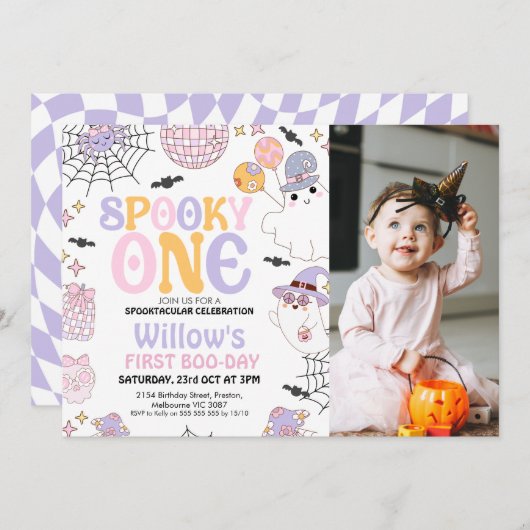 Invitation Photo Purple Halloween Éffrayant Un 1er anniversai (Devant / Derrière)