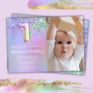 Invitation Photo Purple Pink Parties scintillant 1er annivers