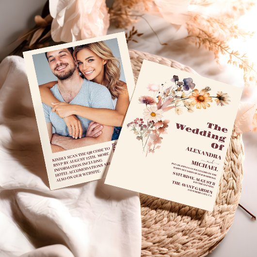 Invitation Photo QR Code Boho Automne Fleur sauvage Mariage