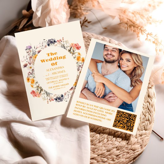 Invitation Photo QR Code Fleur sauvage Wreath Mariage de verd