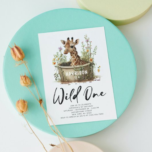 Invitation Photo QR Code Girafe Wild One 1er Anniversaire