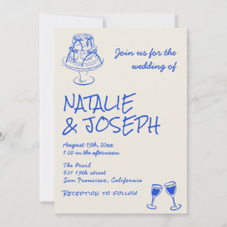Invitation Photo QR Code Hand Drawn Blue Cake Bows Wedding 