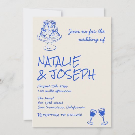 Invitation Photo QR Code Hand Drawn Blue Cake Bows Wedding (Devant)
