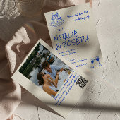 Invitation Photo QR Code Hand Drawn Blue Cake Bows Wedding 