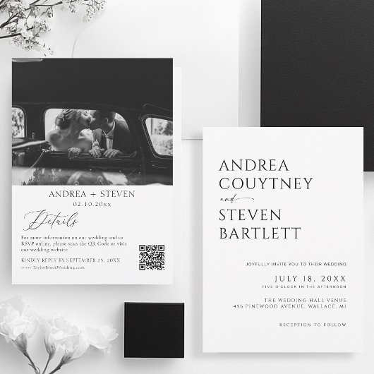 Invitation Photo Qr Code Mariage noir et blanc