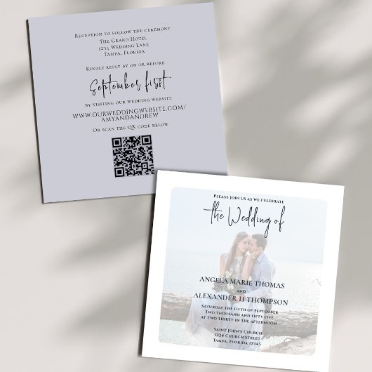 Invitation Photo QR Code RSVP Online Elegant Bleu clair