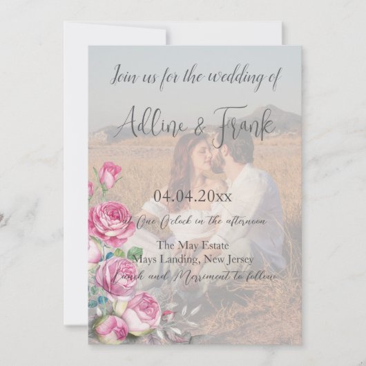 Invitation Photo QR Code Watercolor Rose Mariage (Devant)