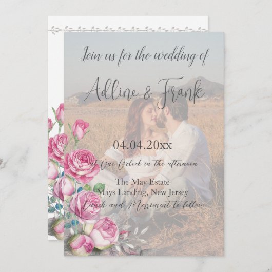 Invitation Photo QR Code Watercolor Rose Mariage (Devant / Derrière)