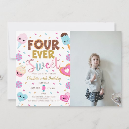 Invitation Photo quatre jamais douce Anniversaire Donut 4e an (Devant)